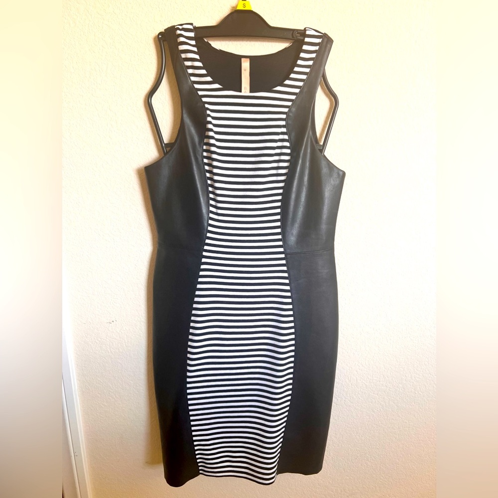 Bailey44: Black and white striped with faux leather dress. Size M